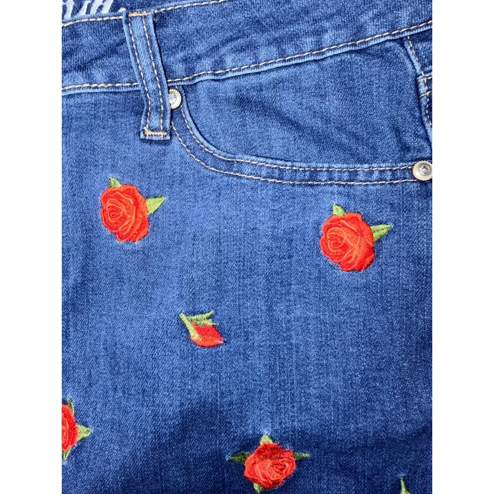 Hydraulic Denim Skirt Women 12 Blue Excellent Rose Embroidered Raw Hem Mini